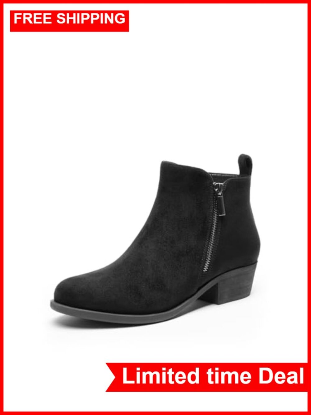 Chunky Heel Ankle Booties Low Heel Faux Suede with Dual Zipper